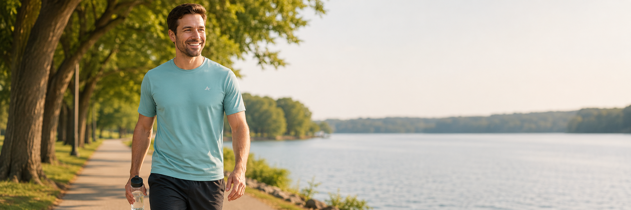 Man wearing an Arctic Cool cooling shirt during a summer walking routine