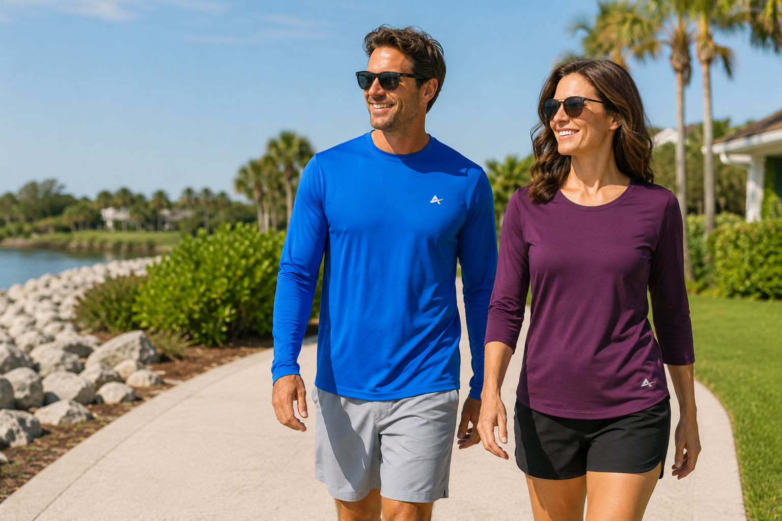 Man and woman wearing lightweight Arctic Cool UPF 50 clothing outside on a sunny summer day