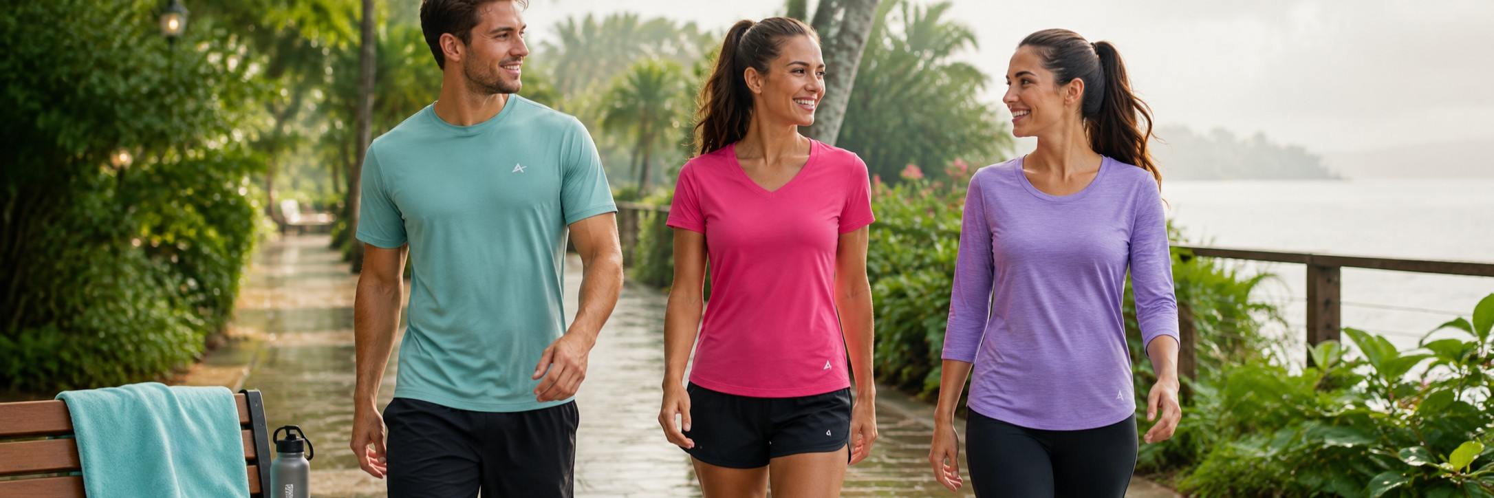 People wearing Arctic Cool cooling clothes at an outdoor summer event