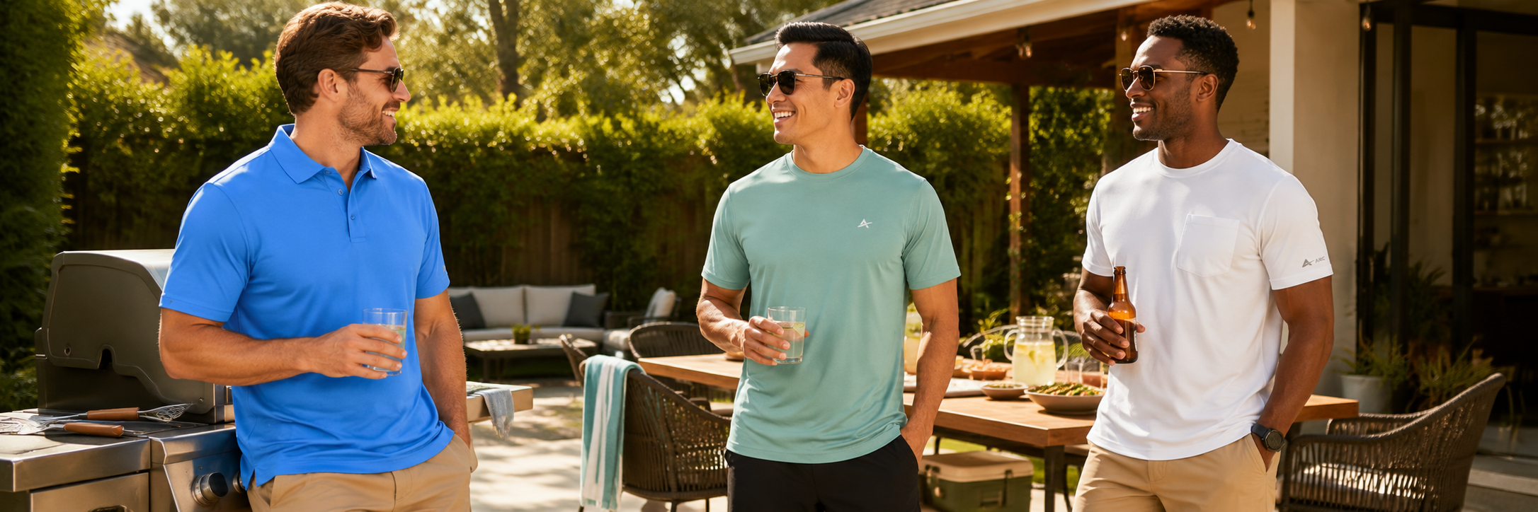 People wearing Arctic Cool cooling shirts at a backyard cookout in summer heat