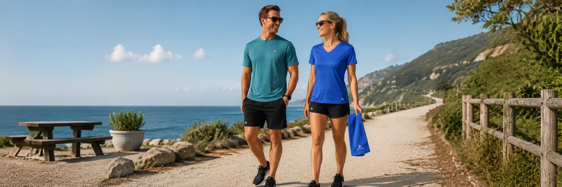 People wearing Arctic Cool cooling clothes for a weekend adventure in hot weather