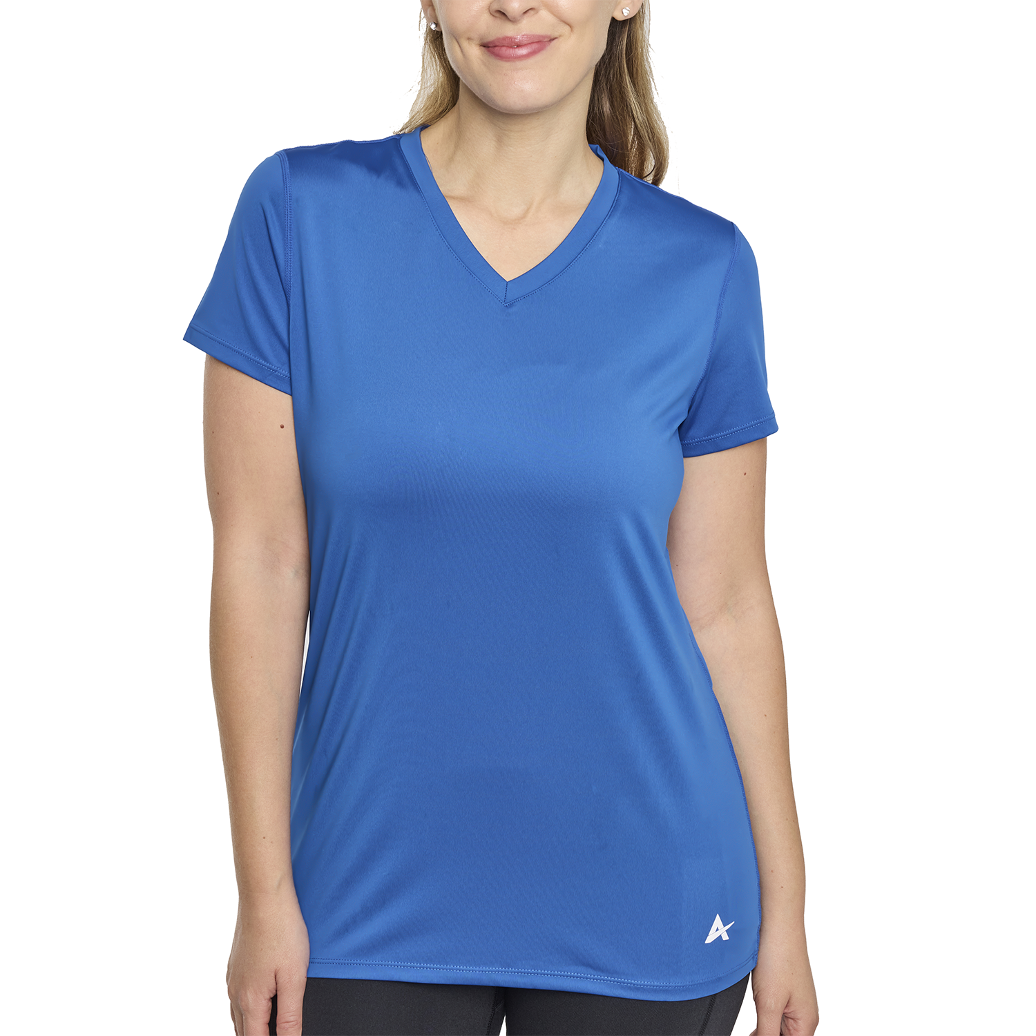 Person wearing a pink floral patterned scrub top against a white background.