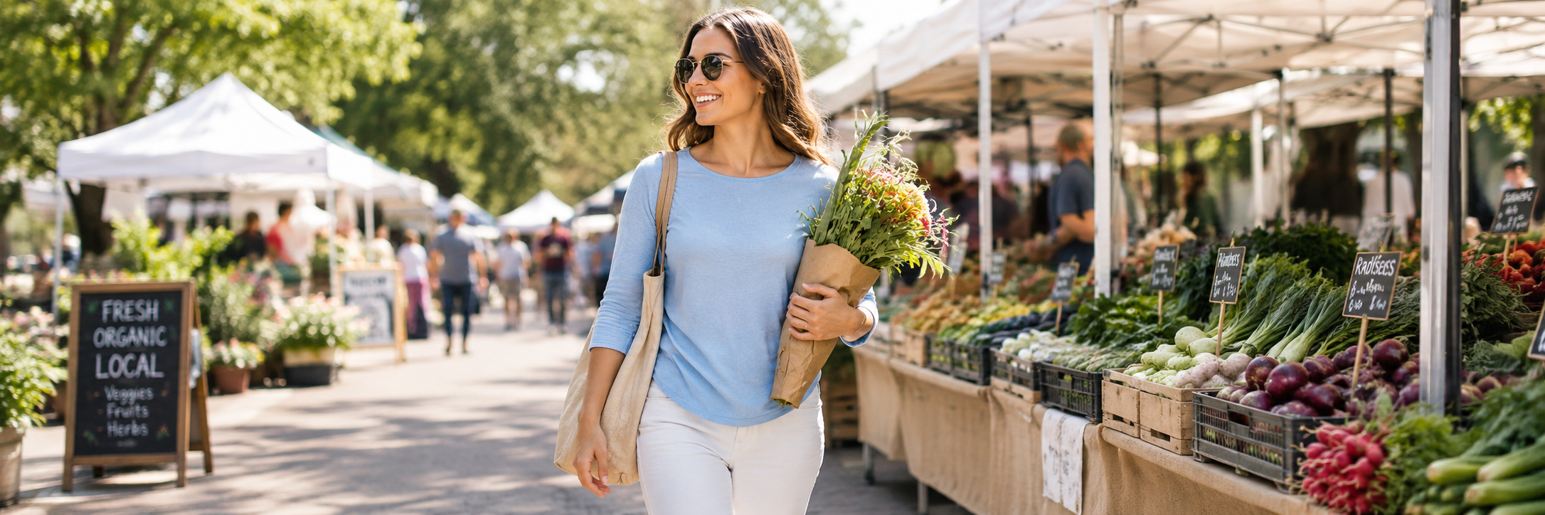 Woman wearing a lightweight 34 sleeve cooling top at a farmers market on a warm day